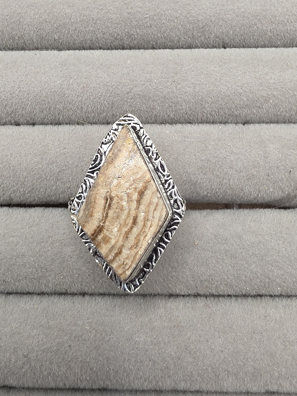 Handcrafted Silver Plated Jasper Stone Rhombus Ring Size 10 3/4
